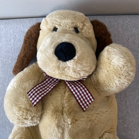 Cute Brown Tan Burgundy White Gingham Bow Puppy Dog Plush Backpack 18" - Picture 7 of 13